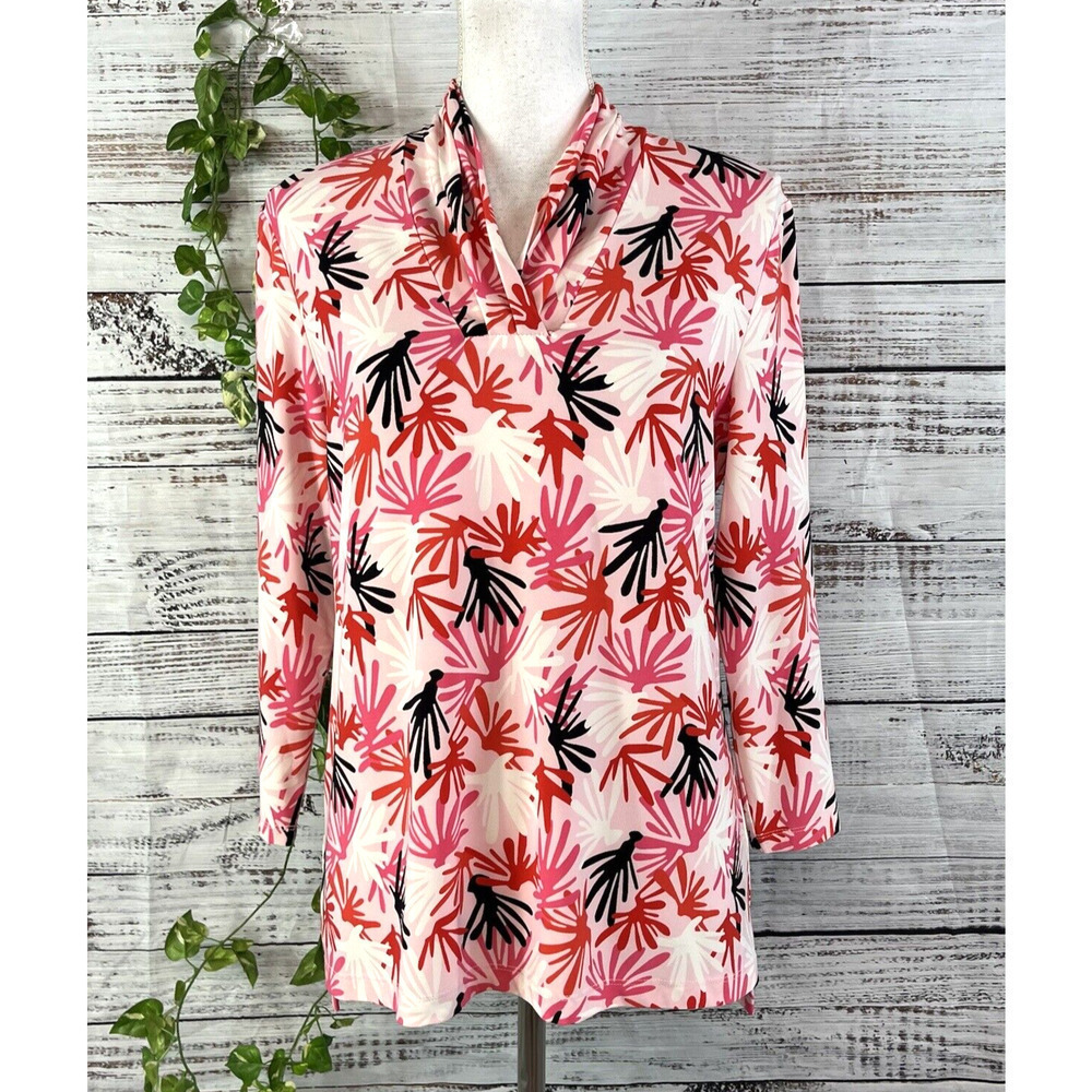 Anne Klein Blouse Tunic size Small Pink Coral Stretch Modest Career Casual Slim
